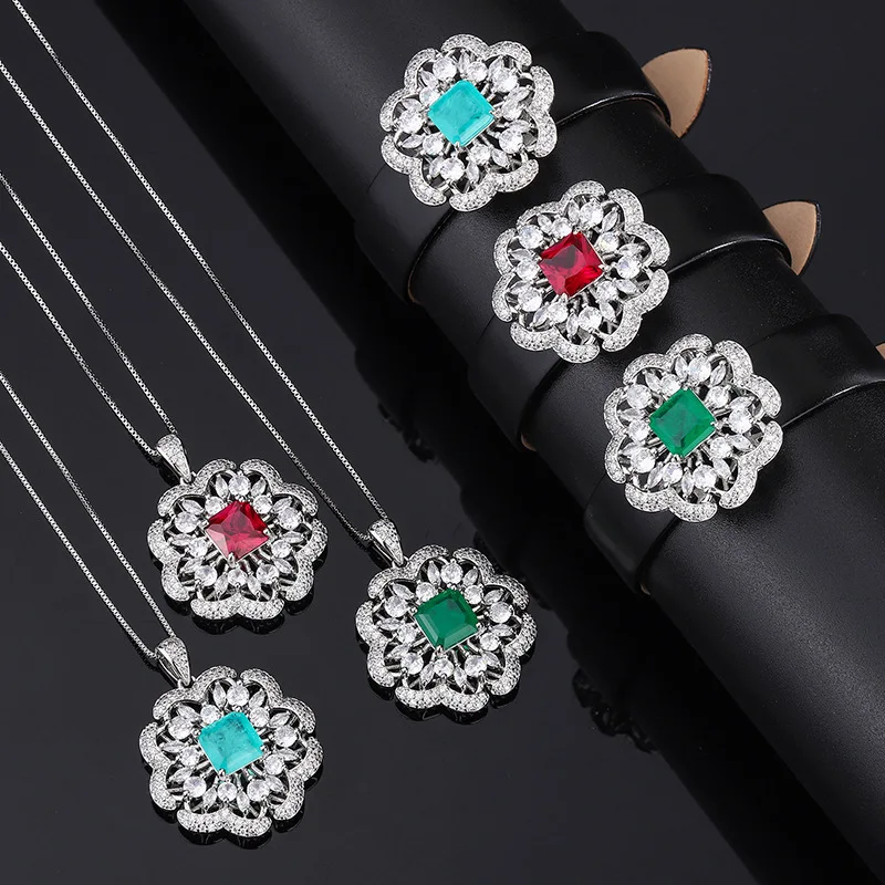 

New Summer Emerald High Carbon Diamond Wristband Bracelet Petal Pendant Necklace Women Jewelry Unique Design Gorgeous Accessory