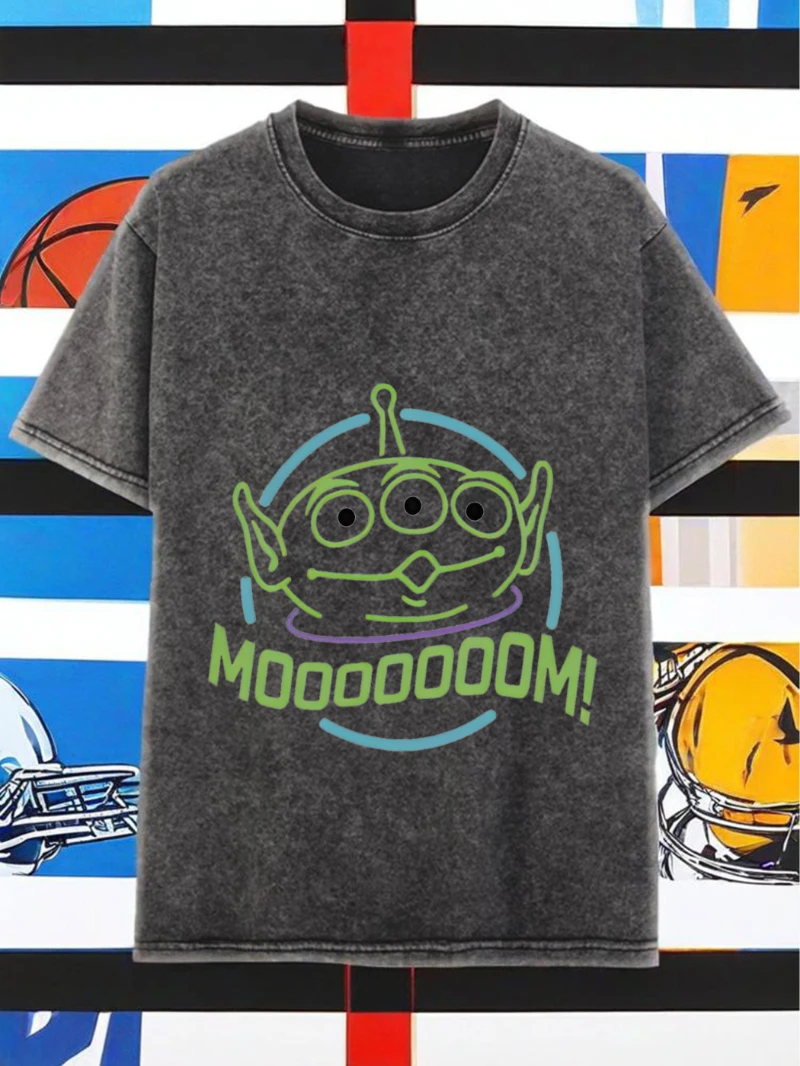 

Disney Super Cute Moment Pattern of Aliens Saying 'DAAAAAAD!' Retro Washed T-shirt for Men Women, Pure Cotton Short Sleeved Top
