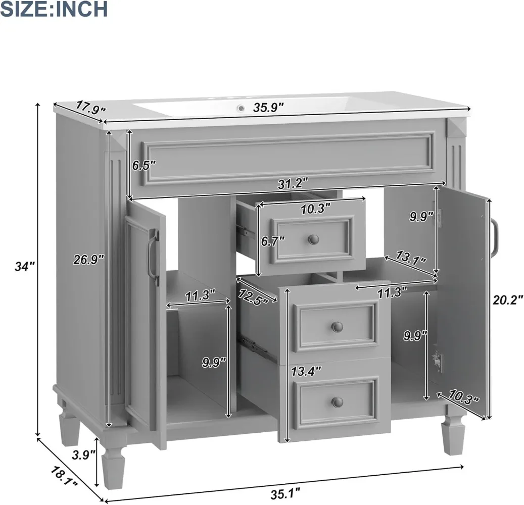 Kesombongan Kamar Mandi dengan Wastafel, Set Kabinet Kesombongan Wastafel Kamar Mandi Tunggal Berdiri Bebas dengan Meja 36” & Wastafel Terintegrasi,