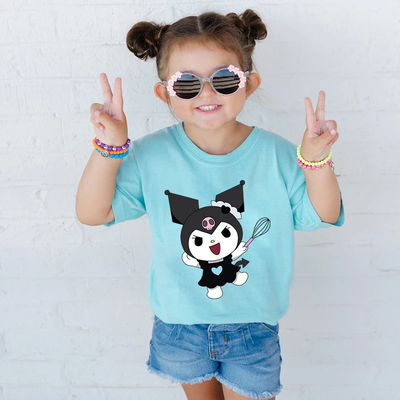 Kuromi Printed Kids T-shirt Summer Children's Cotton Short Sleeve Blue Casual Top Suitable for Boys and Girls