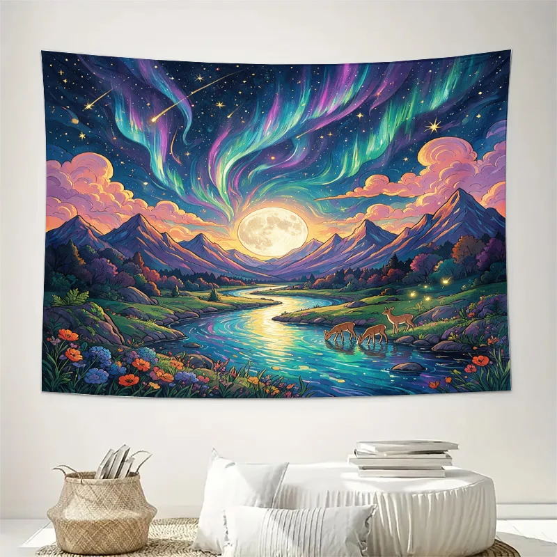 Cosmic Northern Lights Aurora Curtain Tapestry Window Decor Fantasy Mountain Moon Sky Landscape Filtering Curtains for Boho Home