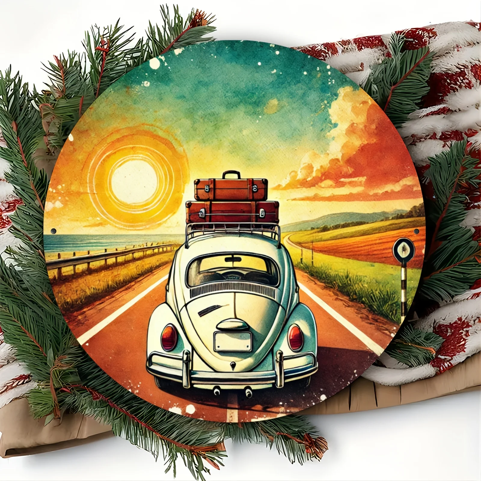 Hochauflösendes Eisenbild Vintage VW Käfer Roadtrip Sonnenuntergang Rundes Metallschild für Retro-Heimdekoration
