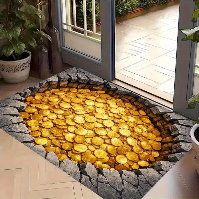 2D Gold Coin Optical Illusion Doormat Decorative Welcome Entrance Floor Rug Mat for Entryway Hallway Kitchen Bedroom Decoration