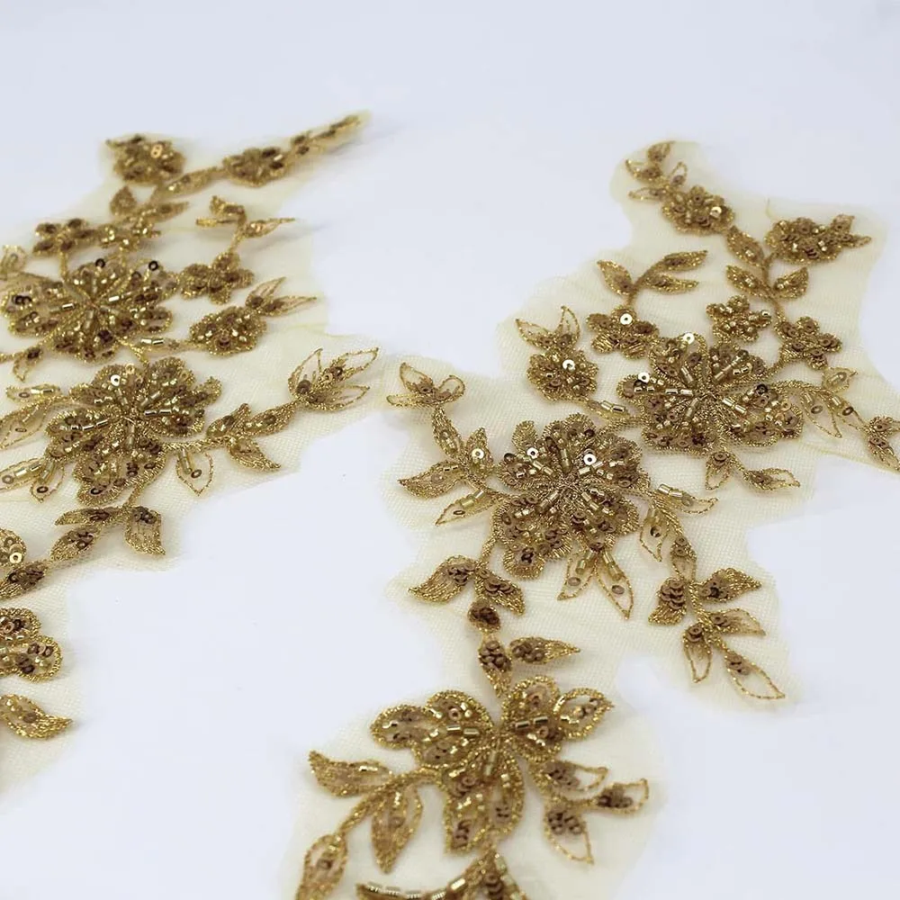 1 Pair Beaded Embroidery Sequin Lace Applique Golden Sew On Flower Fabric Collar Patch Motif Wedding Gown Dress Bridal DIY Craft