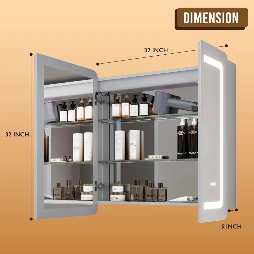 Mirror Cabinets, 32''x32'' Medicine, Bathroom Lights Mirror, Recessed or Surface Mounted, Alumimum, Mirror Cabinets