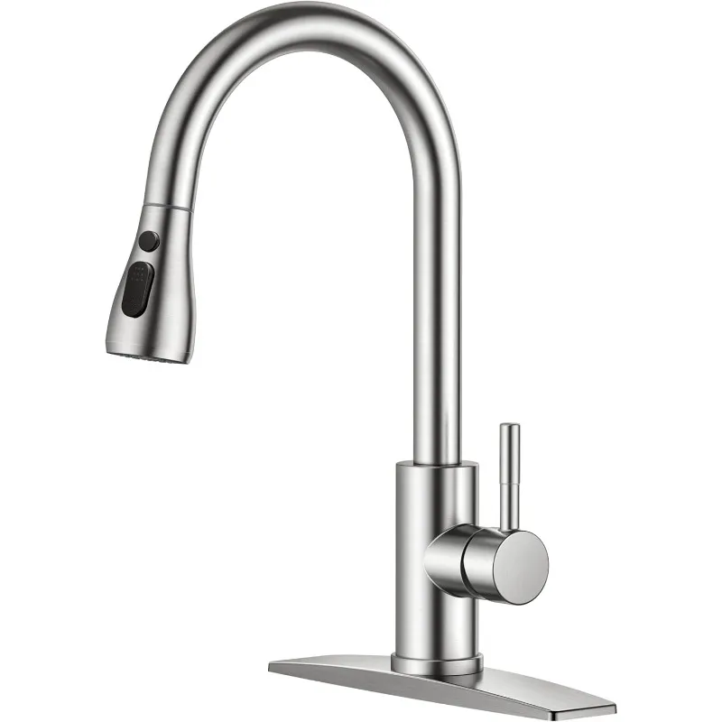 

Kitchen Faucets with Pull Down Sprayer, Brushed Nickel, High Arc Single Handle Classic Stainless Steel Sink Faucet 1 or 3 Hole