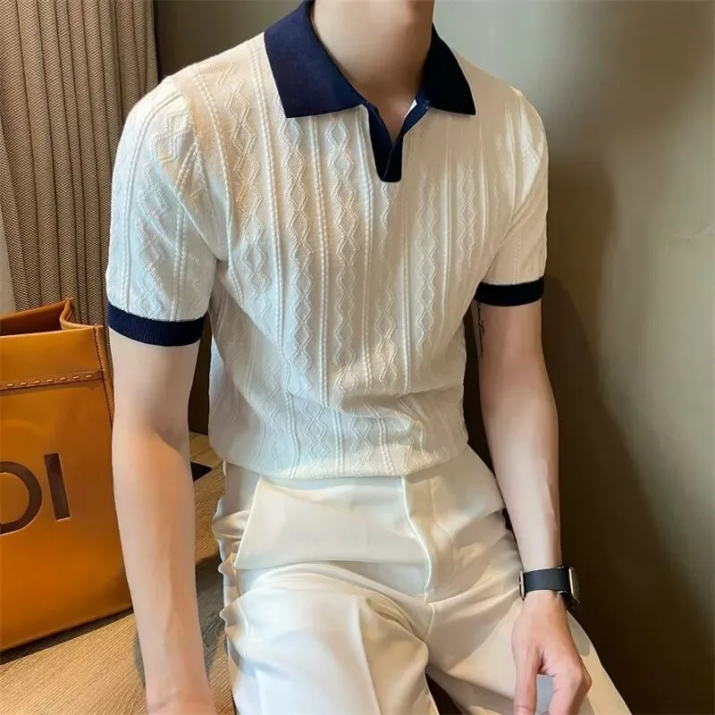 Summer Ice Silk Breathable Jacquard Lapel Short-sleeved Knitted Sweater Men Korean Style Trendy Slim Versatile Casual T-shirttop