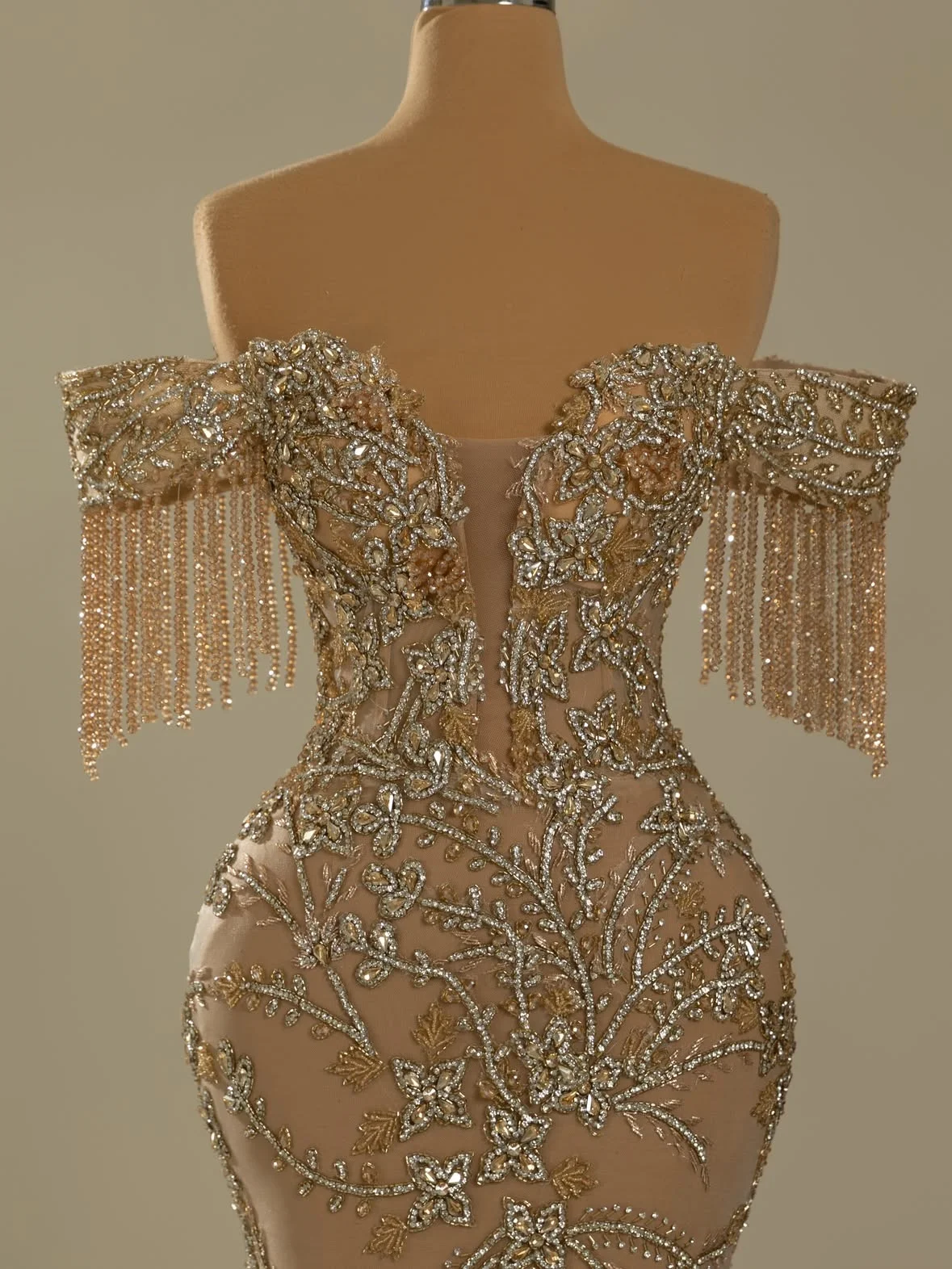 Champagne Beading Tassel Evening Dress Off-The-Shoulder Rhinestone Embroidered Dress Ball Gown Sheer Tulle Dress New Parties