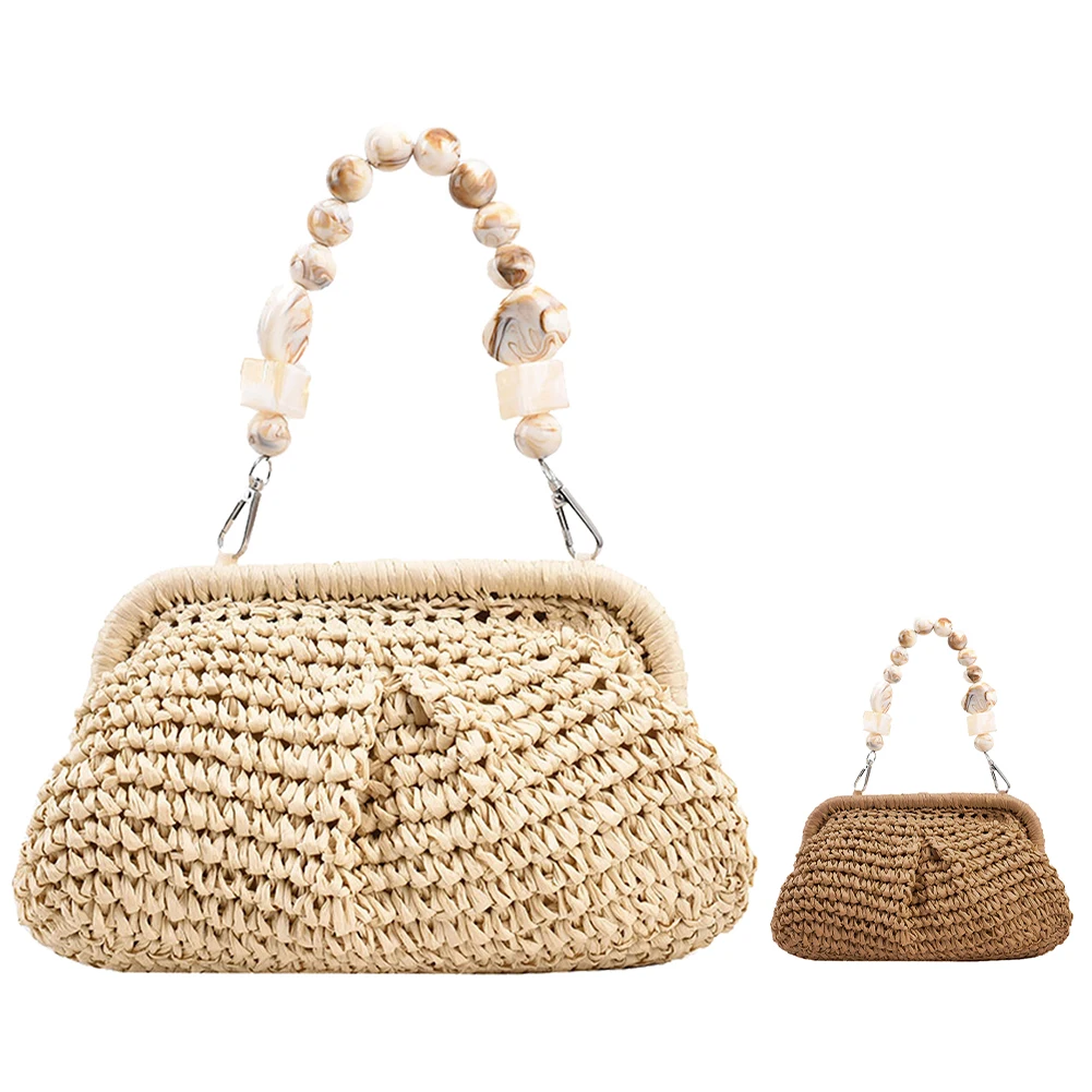 Sac à main de plage de styliste d'été, sac à bandoulière avec chaîne Hobo, sacs tissés en paille pour femmes, petit sac seau avec chaîne en pierre, 2023
