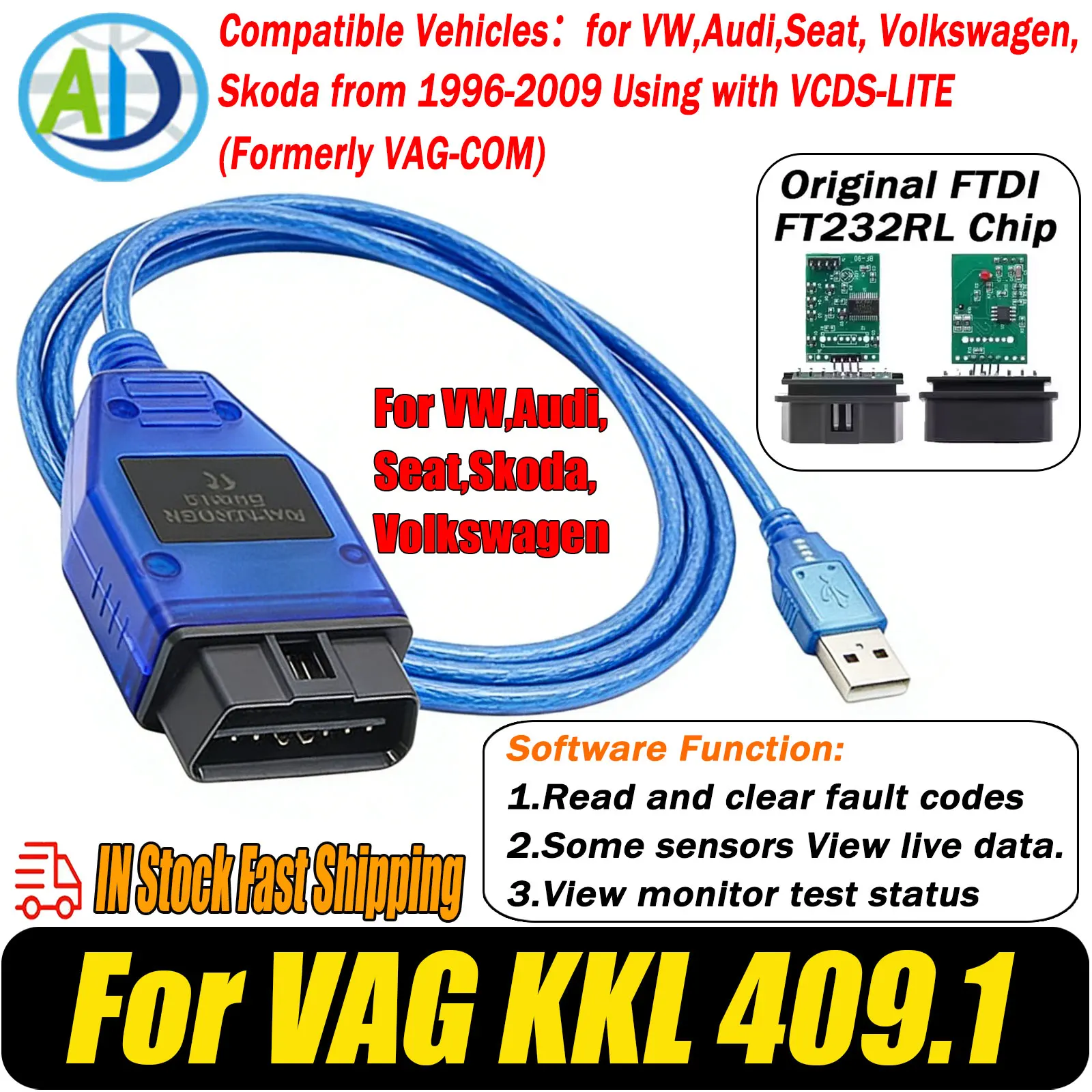 

OBD2 Diagnostic Cable For VAG KKL 409.1 Original FTDI FT232RL Chip For Volkswagen(VW)/Audi/Skoda/Seat OBD2 Diagnostic Scan Tool