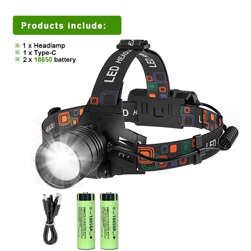 USB wiederaufladbare Stirnlampe aus Aluminiumlegierung, superhelle vordere Stirnlampe, 3 Beleuchtungsmodi, zoombare Stirnlampen, Stirnlicht