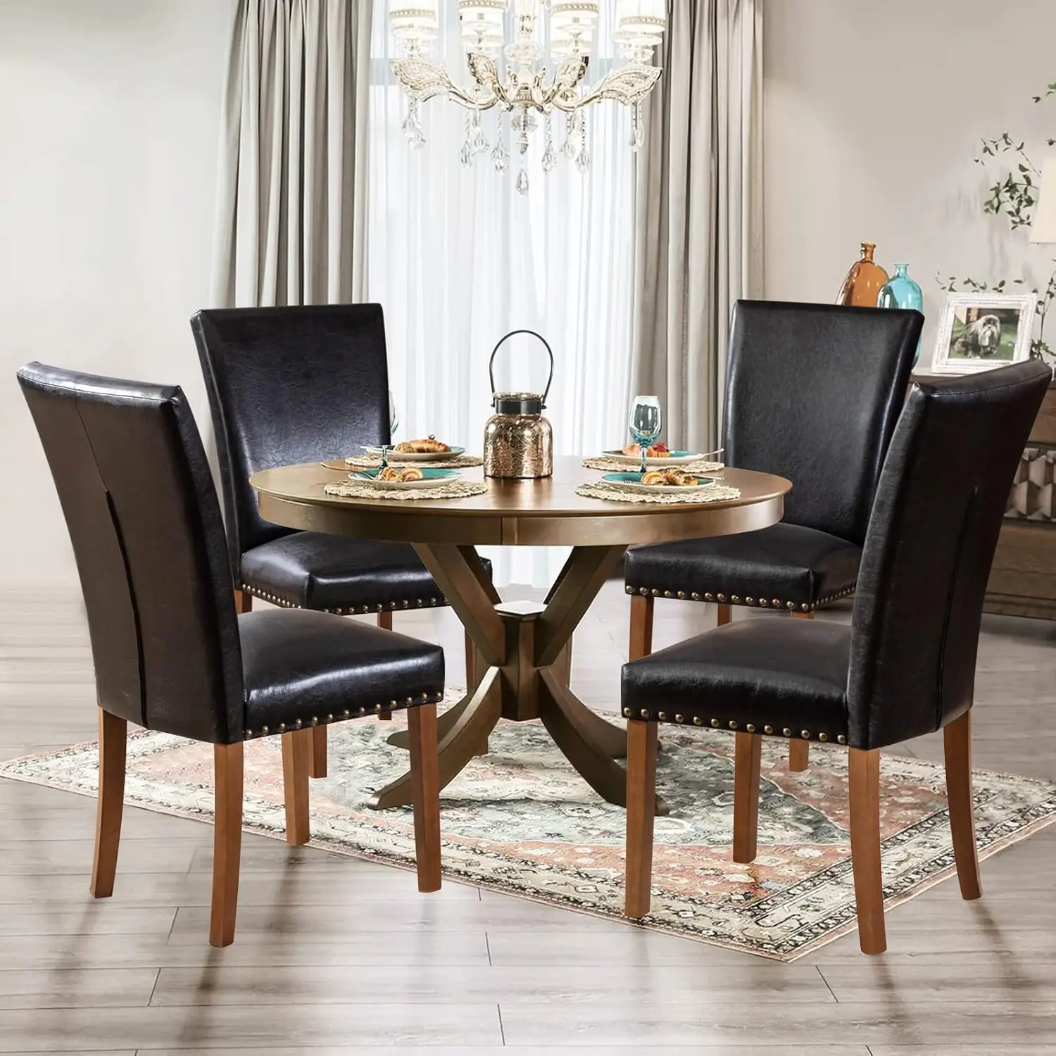 Parsons Dining Chairs Set of 4 Upholstered Nailhead PU Leather Dining Room Kitchen Side Chair Thick Cushions