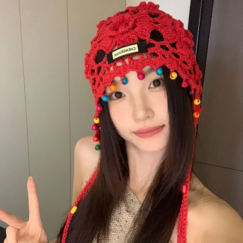 Korean Version Retro Woven Hollow Fringed Flower Beanies for Women Summer Outing Versatile Bohemian Ethnic Style Pullover Hat