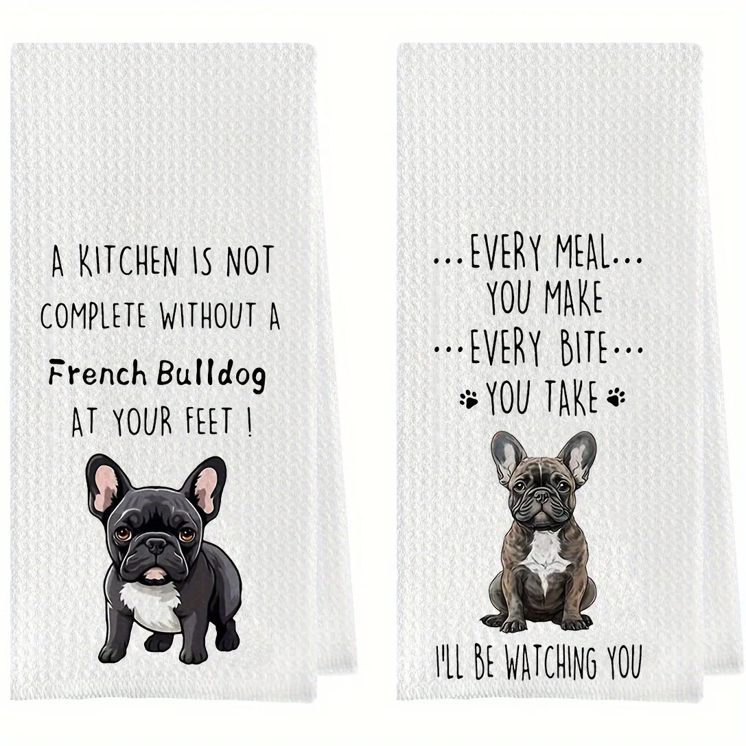 

2pcs Interesting French Bulldog Dish Towel Set Waffle Woven Kitchen Towel Perfect for French Bulldog Enthusiasts