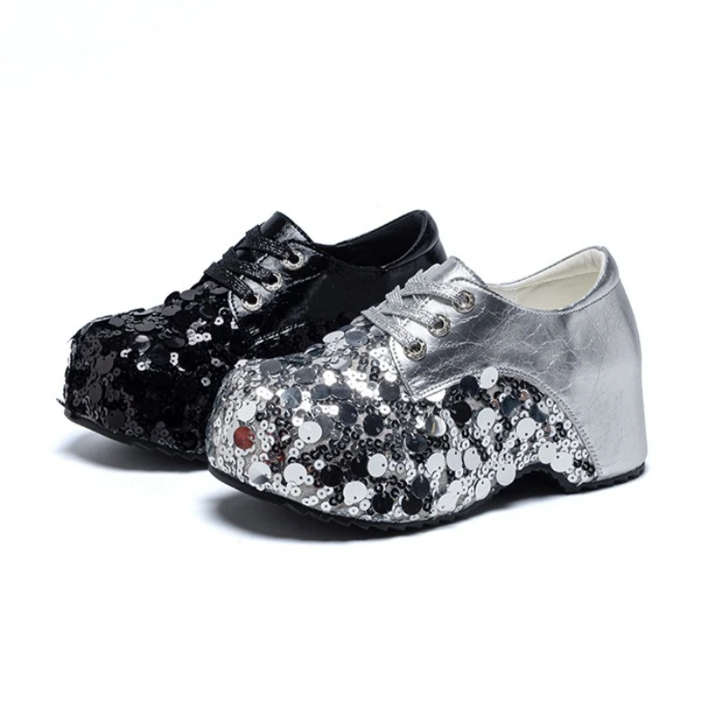 

CICIYANG 7cm Chunky Platform Casual Shoes 2026 Spring and Summer New Round Head Sequined Lace-up High Heels for Female