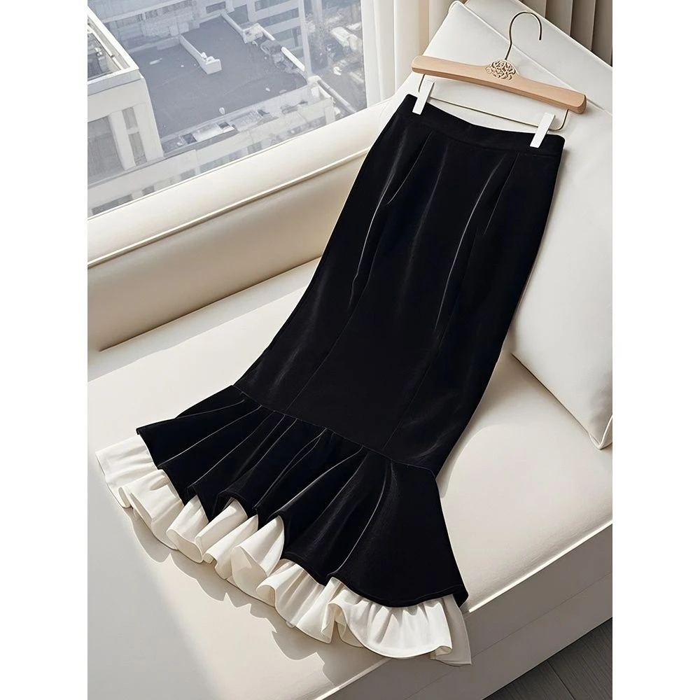 

black velvet fishtail splicing skirt women's 2025 early spring medium and long skirt harajuku midi skirt