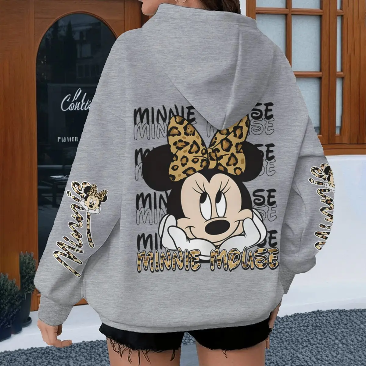 

Женская флисовая толстовка с капюшоном Disney Minnie Mouse, винтажный леопардовый принт, кокетливый дизайн с бантом в стиле Минни, Y2K, модные толстовки для девушек
