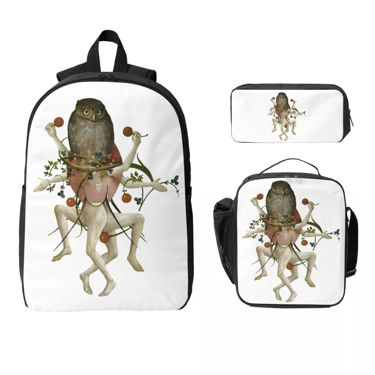 Hieronymus Bosch Dancing Owl Backpack Student BookBag School Bag Computer Shoulder Bags 3ps Insulated Lunch Bag Pencil Case