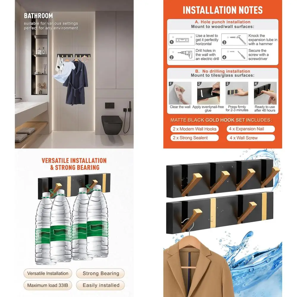 

Стильные черно-золотые настенные крючки для полотенец или одежды — идеально подходят для декора ванной, кухни и балкона — компактное хранение, экономия пространства