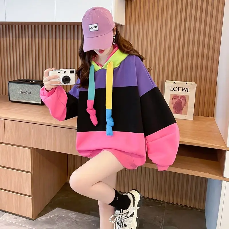 Personalized Contrasting Color Strap Sweatshirts Splicing Medium Long Hooded Women\'s Korean Casual Color Print Loose Pullovers