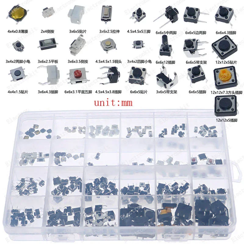 Imagem -03 - Assorted Botão Tact Switches Micro Switch Mini Folha Switch On-off Power Reconjunto Smd Dip 2*4 3*6 4*4 6*6 12*12 Jogo Diy