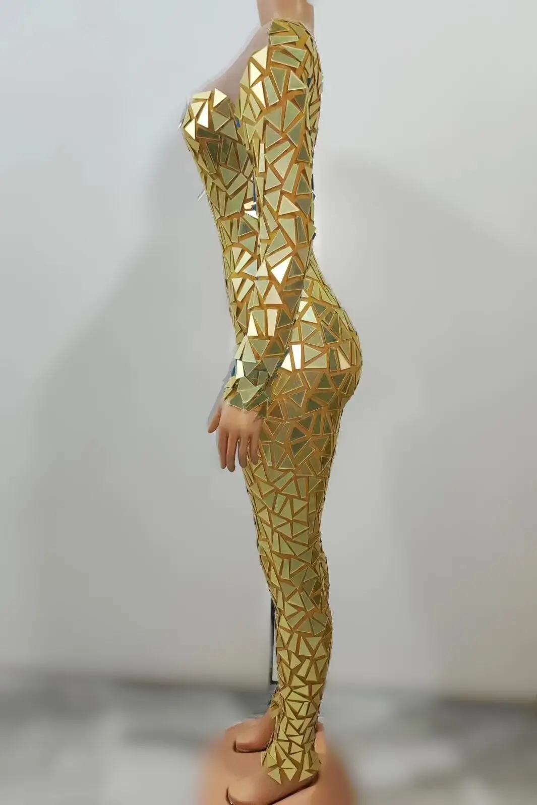 Oro blu rosso lampeggiante specchi pieni maniche lunghe tuta trasparente compleanno celebrare Costume sera donna danza body