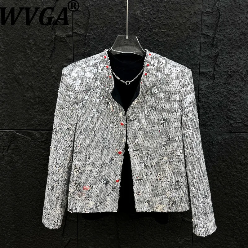 

WVGA Осенне-зимнее новое мужское пальто с пуговицами, украшенное пайетками, модная короткая куртка, нишевое шикарное повседневное пальто с длинными рукавами и круглым вырезом, W14577