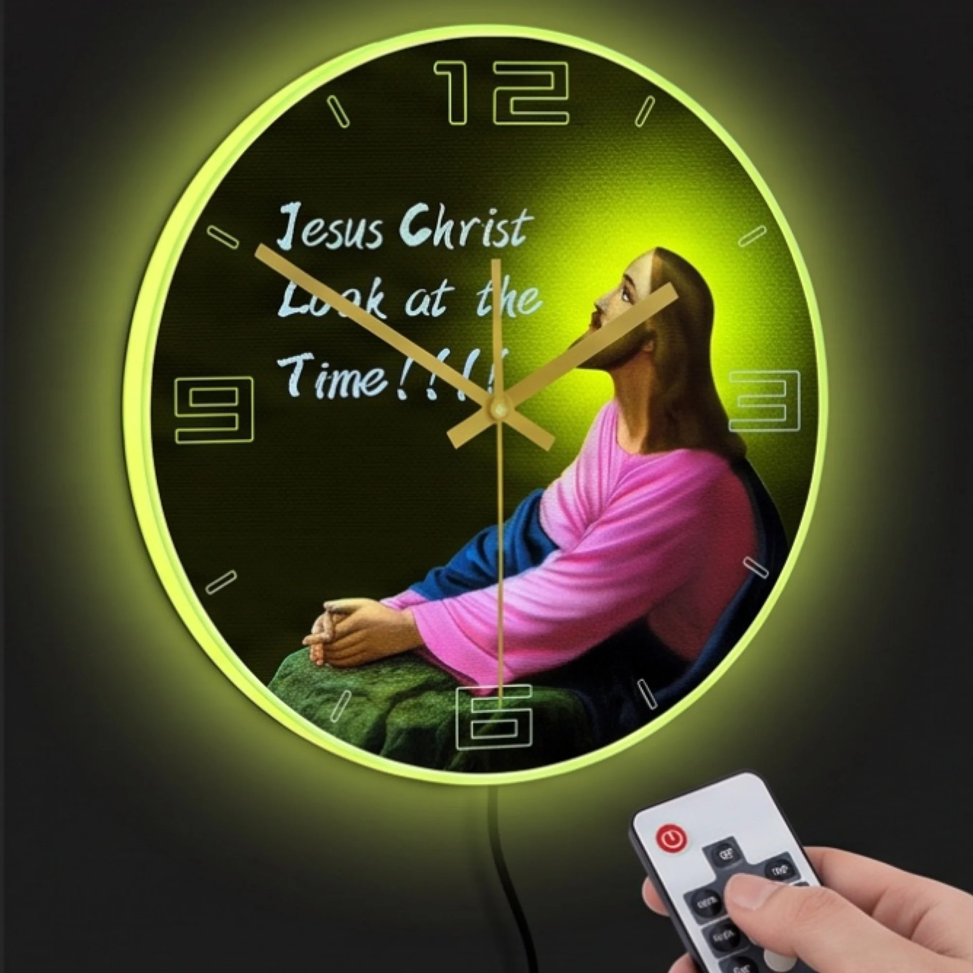 Jesus Christ Luminous Wall Clock With Remote Control RGB Backlit Silent Quartz Wall Clock LED Night Light Religious Home Decor