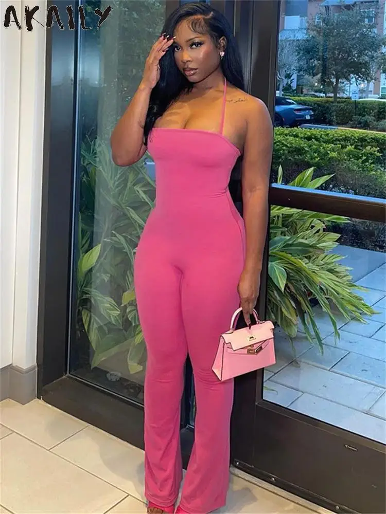 

Akaily Spring Rosered Sleeveless Bodycon Jumpsuit Party Club Outfit For Women 2024 Sexy Halter Backless Tracksuit Fashion Romper