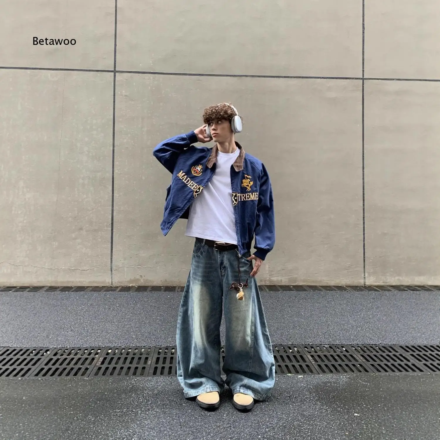 Men Vintage Embroidered Baseball Jacket Contrast Collar Loose Fit Outerwear for Spring Autumn Street Trendy Daily Casual Wear