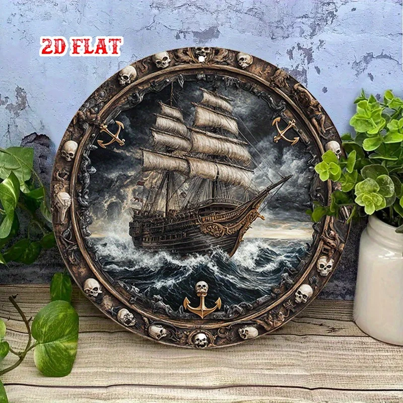2D Plane - A single classic metal poster, 2D presentation of a luxurious sailing ship navigating through rough waves