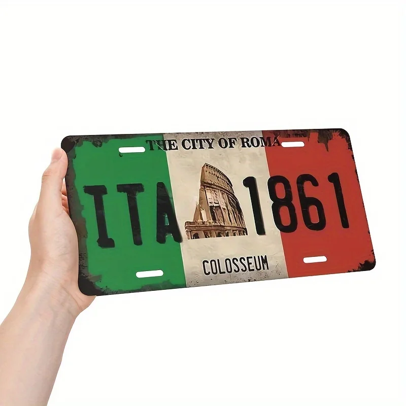 Italian License Plate Wall Decor - Colosseum 1861 Design, Durable Aluminum Weatherproof Metal Art with UV & Corrosion Resistant