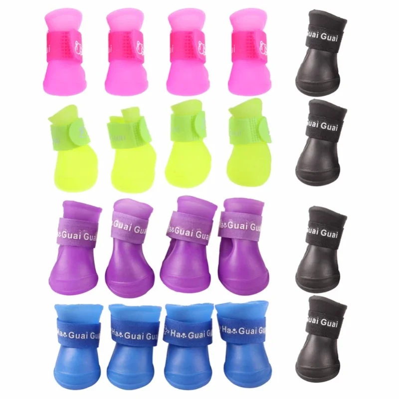 4pcs/set Dog Rain Shoes Boots Antiskid Waterproof Dog Booties Rubber Dog Cat Rain Shoes For Puppy Dog Cat S/M/L