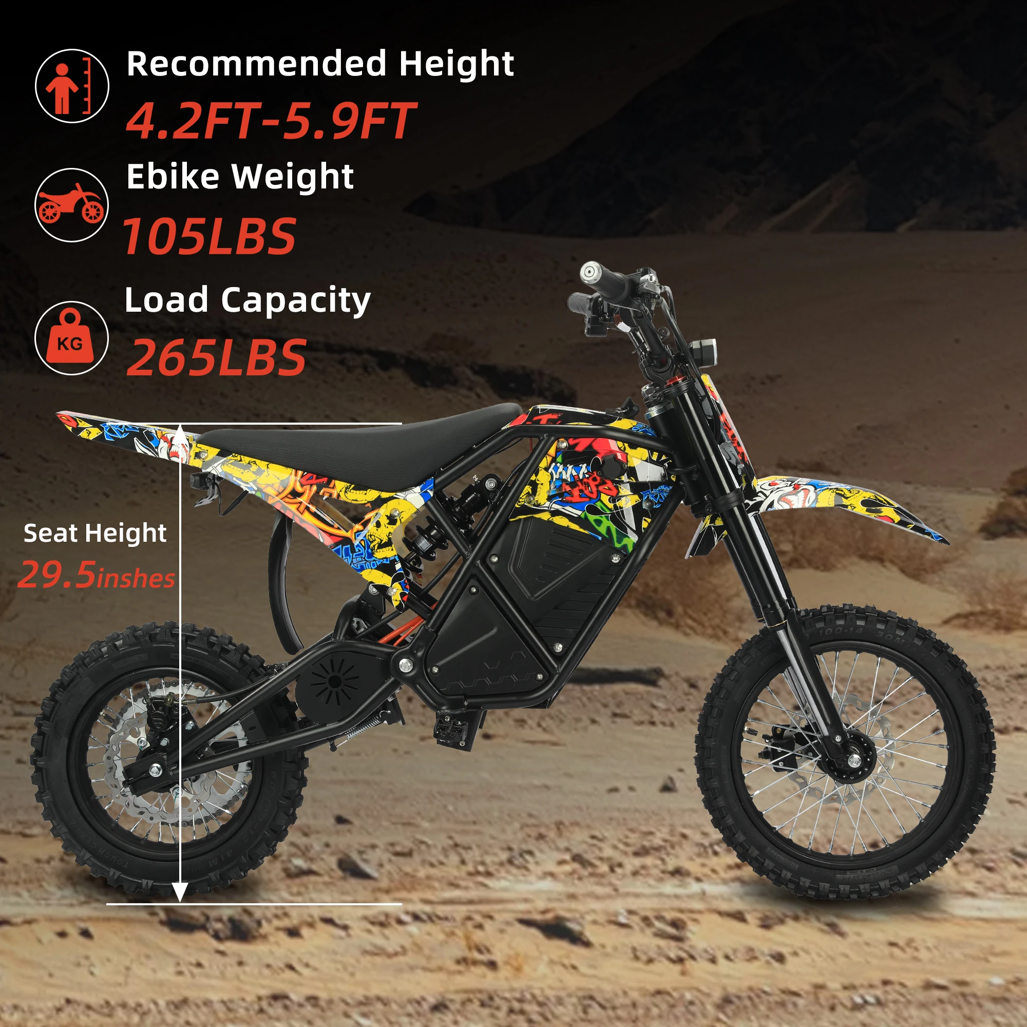 Graffiti 2000W Peak Brushless Electric Dirt Bike 48V 23AH Removable Battery 37MPH Max Speed 45Miles Range Hydraulic Disc Brakes IPX6 Waterproof 14/12 Inch Off-Road Tires with Adjustable Nitrogen Shock 3 Speed Modes Adult Motorcycle