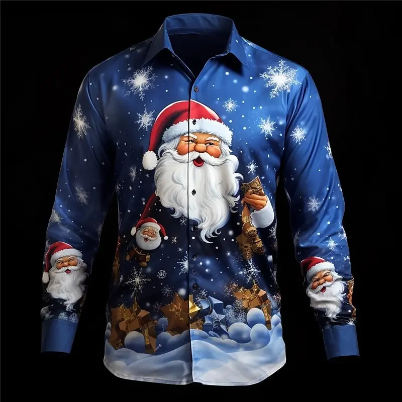 Hot selling Santa Claus men's shirt long sleeved top shirt art casual party evening dress autumn and winter high neck button2024