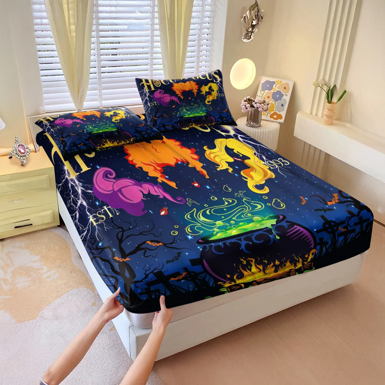 Hocus‑Pocus Witch Sisters Fitted Sheet Set Elastic Deep Pocket Mattress Cover Halloween Cauldron Bat Graveyard Print Bed Sheet