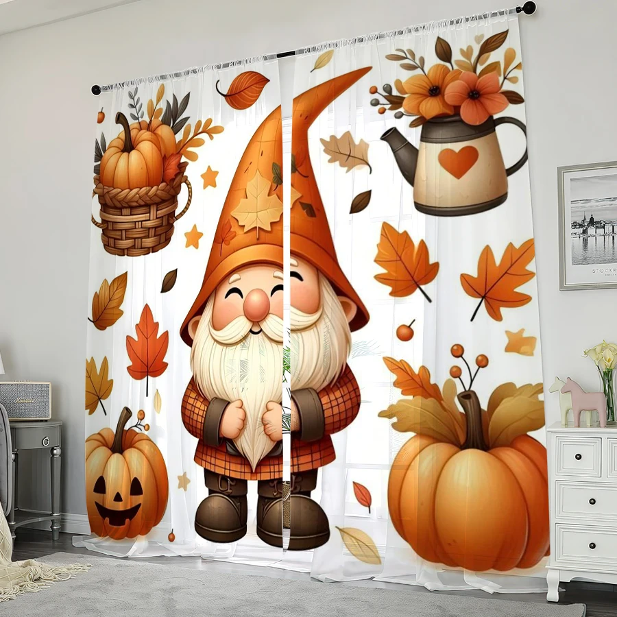 2PCS Digital Print Sheer Curtain, Fall Gnome Pumpkin Thanksgiving Holiday Window Drapes for Living Room Bedroom Home Decor