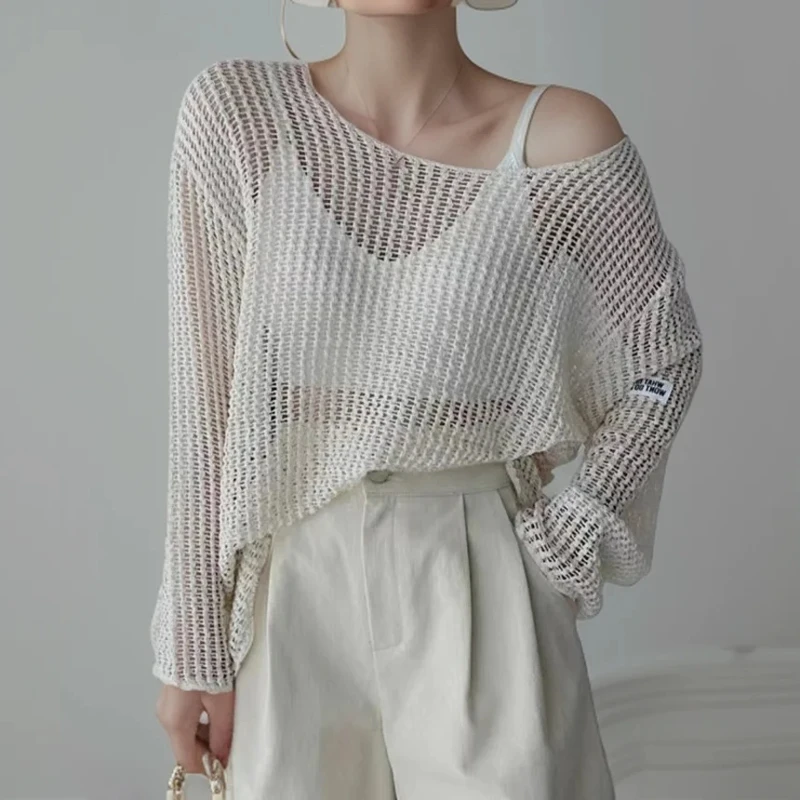 

New Fashion Hollow Transparent Sunscreen Knitted Sweater Casual Women's Long-sleeved Solid Color Thin Blouse
