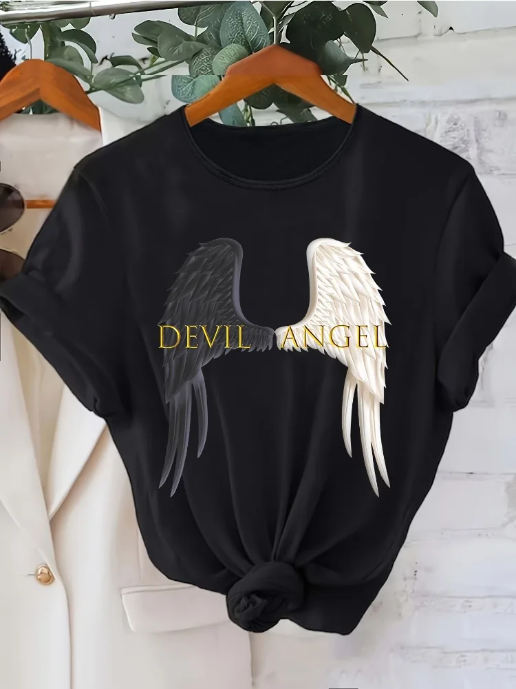 Women's Y2K Devil and Angel Wings Pattern Printed Collar T-Shirt Top with Color Block Design Soft Fashionable and Cute Style