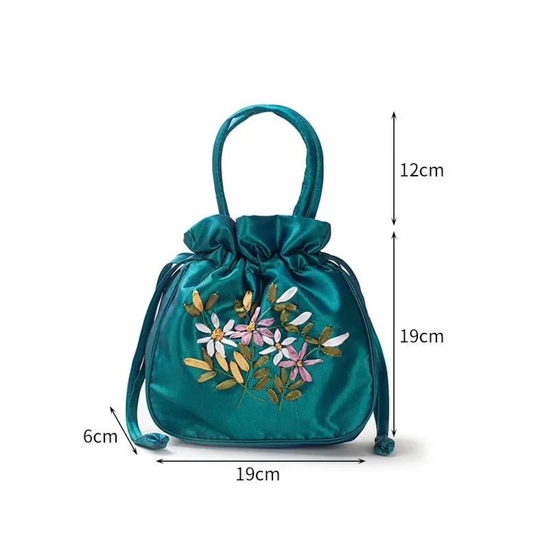 Bolso de cubo con asa superior para mujer, bolso de teléfono, monedero pequeño de verano, estilo nacional, bordado, patrón de flores, bolso con cordón