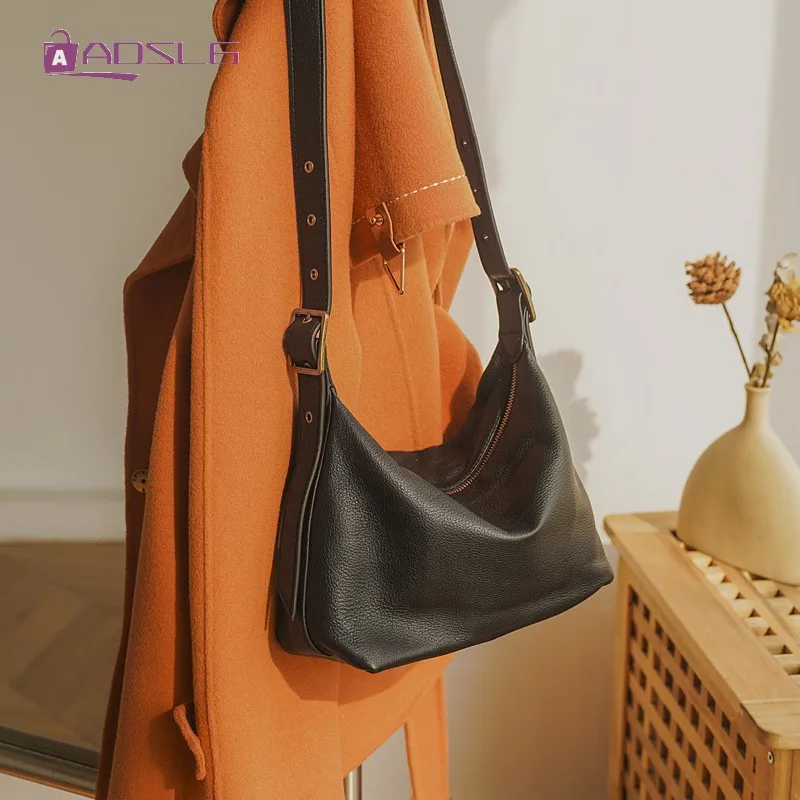 

New Womens Genuine Leather Cowhide Big Shoulder Bag Vintage High Capacity Fashion Wild Zippers Solf Crossbody Bags Female