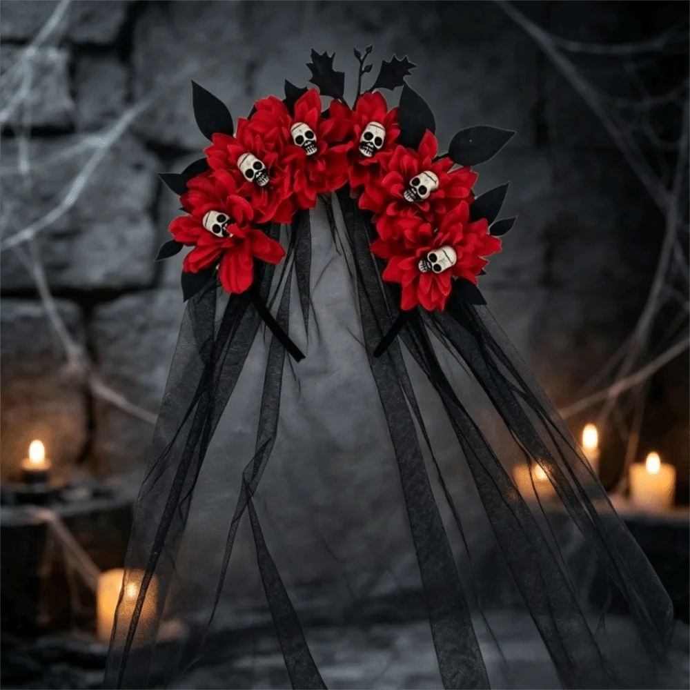 Halloween Zombie Bride Veil Headband Dark Bride Black Tulle Gothic Headpiece Flower Mesh Veil Bride Veil Day of The Dead
