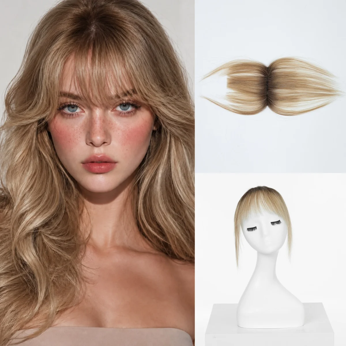 100% Real Human Hair Clip In Bangs French Wispy Fringe Ombre Ash Blonde Hairpiece 3 Clips Hair Extensions with Side Temples