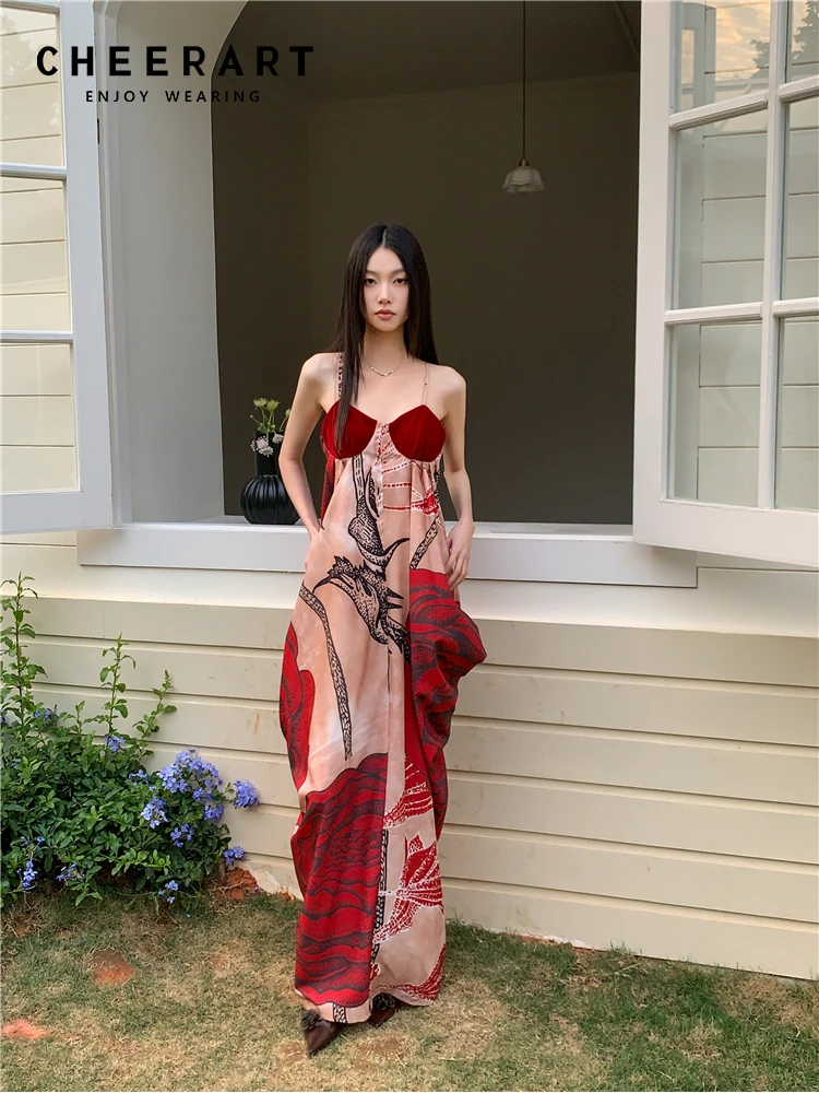 CHEERART Red Floral Designer Long Slip Dress Summer 2024 Woman Japanese Fashion Backless Bud Maxi Dress Clothes