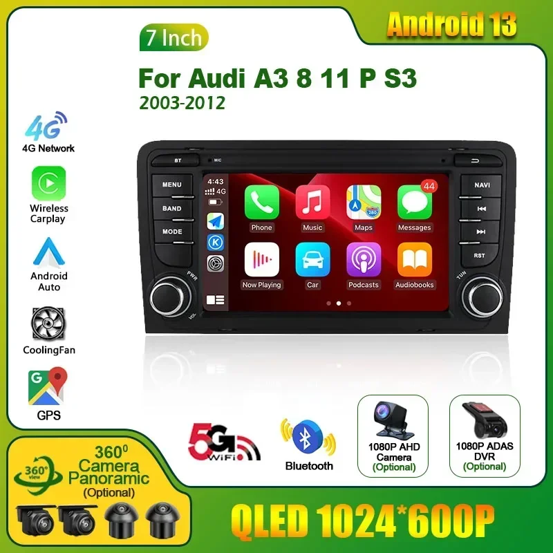 

2 Din Android 12 Автомобильный мультимедийный Apple Carplay для Audi A3 8 11 P S3 2003-2012 Sportback радио GPS Навигация стерео экран