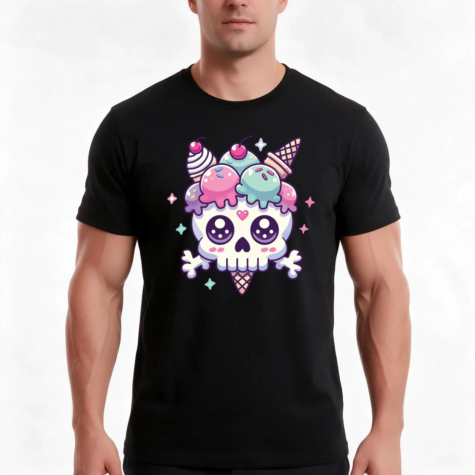 Kawaii Skull Delight with Ice cream T-Shirt, Summer Casual Cotton Tee, Oversized Streetwear Tops, Vintage Graphic Print