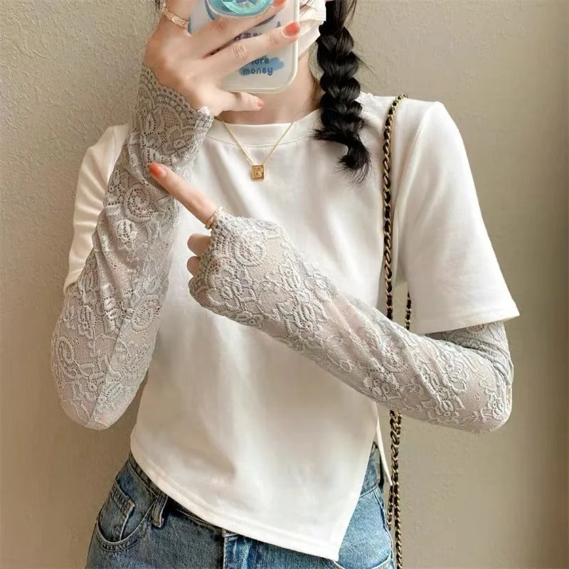 

1 пара сексуальных кружевных рукавов-перчаток с цветочным узором для женщин, летние, для вождения, с защитой от УФ-излучения, элегантные, длинные, без пальцев