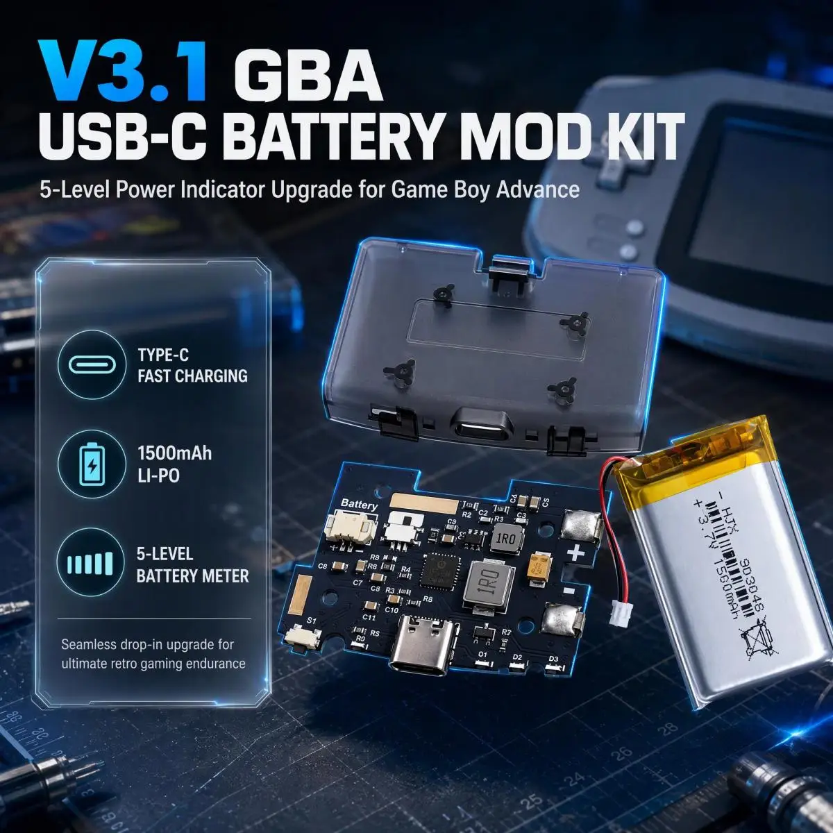 V3.1 Retro BOY GBA USB-C Li-Po Battery Mod Kit, 5-Level Power Indicator Upgrade Pack For Game Boy Advance