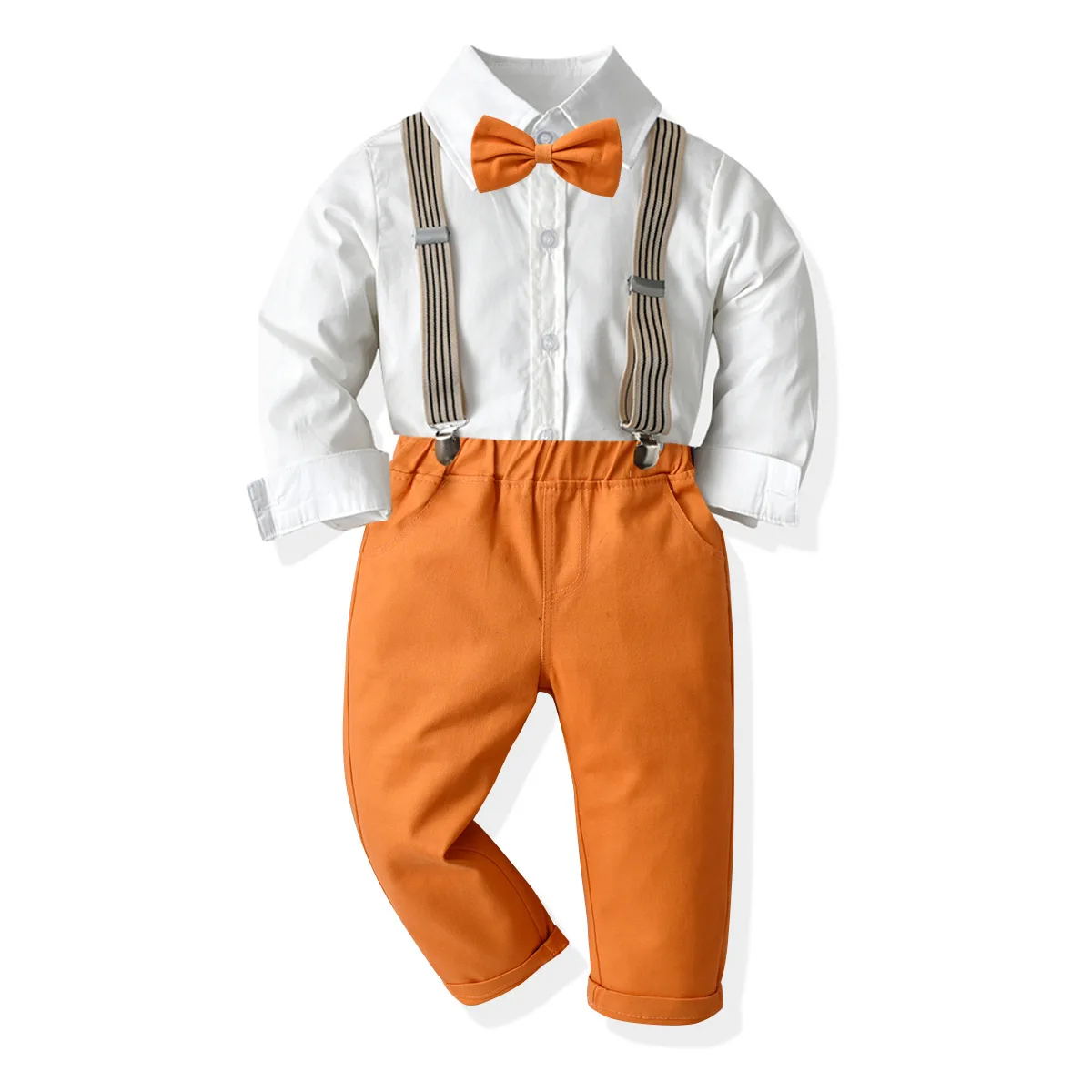 4Piece Spring Autumn Baby Boy Clothes Set Casual Fashion Gentleman Tie White T-shirt+Pants+Straps Boutique Kids Clothing BC2383