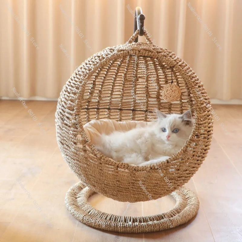 Rattan Cat Hanging Basket Bed Round Semi Enclosed Hammock Swing Lounge All Season Washable Indoor Pet Cave For Summer Winter view 2